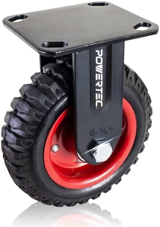 POWERTEC 6 Inch Caster Wheels, Heavy Duty Fixed Plate Casters with Rubber Knobby Tread for Workbench, Dolly, Cart, Trolley, Wagon, Toolbox and Chicken Coop, Large Rubber Castor Wheels, 1PK (17052V)