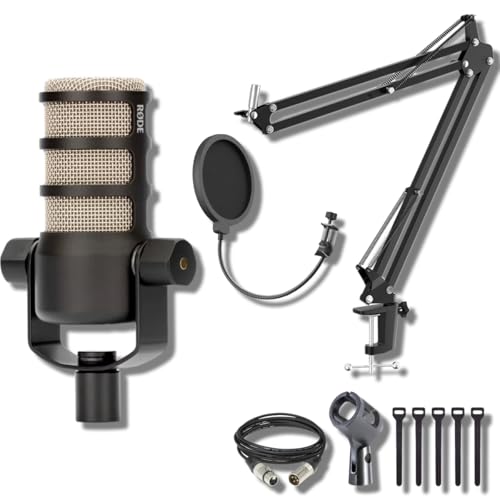 Rode PodMic Cardioid Dynamic Broadcast Microphone with StreamEye BOOMARM1 Microphone Boom Arm, Pop Filter and XLR Cable