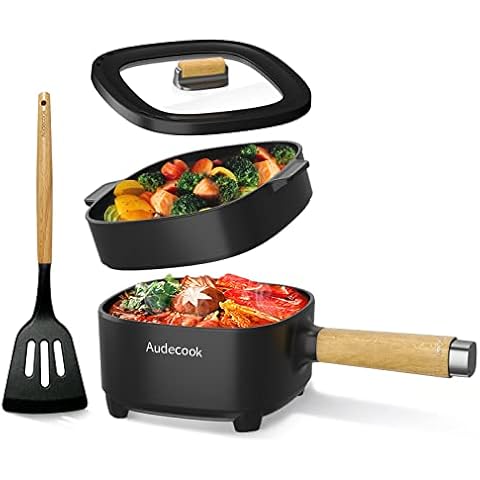 Audecook Elektrischer Hot Pot mit Dampfgarer, 2L/20cm Antihaft Elektropfanne mit Keramikglasur, Tragbarer Multikocher für Ramen, Steak, Ei, Haferflocken, Suppe, 350W/800W (Schwarz mit Dampfgarer) Cover