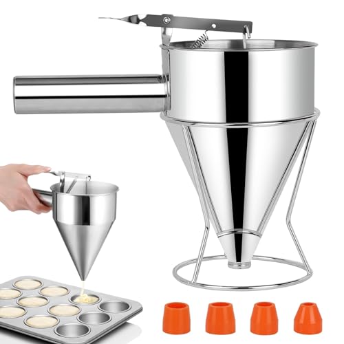 MeYuxg Pfannkuchen Teigspender 1.2L, Teigportionierer Edelstahl, Edelstahl Trichter mit Ständer und 4 Trichtermündungen, Teig-Küchentrichter für Kuchen, Pfannkuchen, Oktopusbällchen