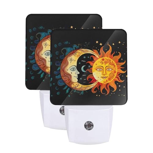 Image of Golden Sun Night Light Set of 2, Moon and Stars Auto Sensor LED Dusk-to-Dawn Nightlights, Plug-in Sensor Lamp for Bedroom Bathroom Kitchen Hallway Stairs Decorative