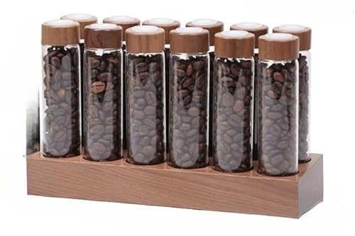 Riazdiw 試験管立て、立て、 試験管スタンド、スパイスラック、チューブ、ホルダー、チューブ 、木製ラック ホルダー、コーヒー豆用木製ガラスー、コーヒー豆茶ディスプレイ、保管場所を適切に配置する、最適な鮮度を維持 (12ウェルベース+短い試験管12本)