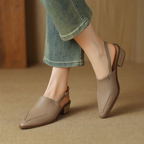Women's Genuine Leather Slingback Block Heel Pumps with Buckle Ankle Strap Closed Pointed Toe Slip-On Stacked Chunky Heels Mules Sandals Fashion Dress Party Prom Shoes3