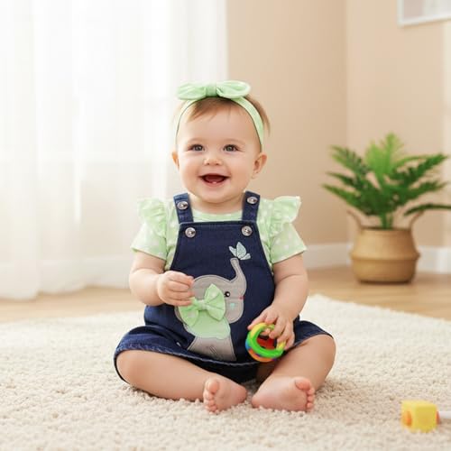 Image of Baby Girl Clothes Newborn Ruffle Romper Elephant Jeans Skirt 0-18M | Soft Romper, Adjustable Jean Skirt with Headband Elephant Butterfly Design, Snap Closure, Everyday Wear