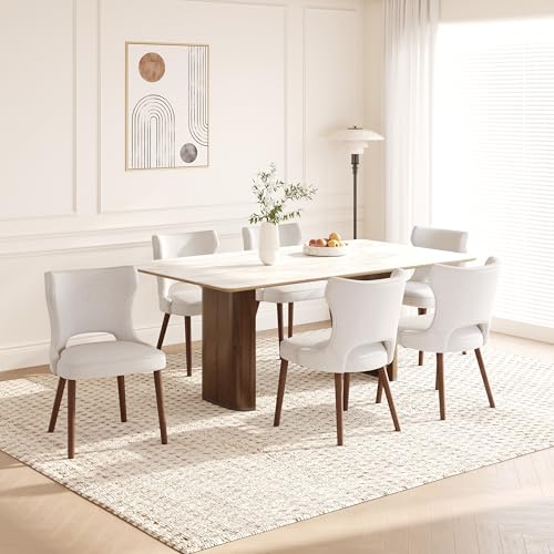 Image of Wooden Dining Chairs Set of 6, Farmhouse Dining Room Chairs with Solid Wood Legs, Mid Century Fabric Kitchen Chairs, Upholstered Chair for Restaurant & Cafe- Light Gray