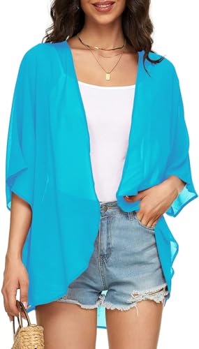 Image of Indian Trendy Women's Solid Puff Sleeve Kimono Cardigan Loose Cover Up Casual Blouse Top Chiffon