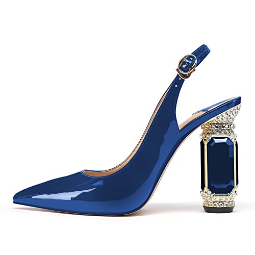 Image of JANSEVEN Women Chunky Heels Pumps Crystal Block Heels with Rhinestones Pointed Toe Sexy Gradient Patent Leather Slip on Bridal Party Wedding Dress Shoes 5-13 M US