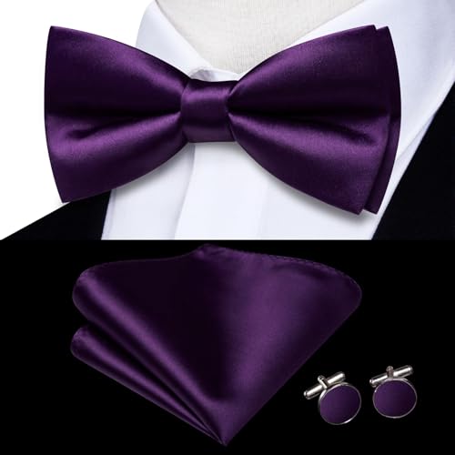 Image of Hi-Tie 5Pcs Mens Solid Color Silk Tie Satin Pretied Bowtie Lapel Pin for Men Handkerchief Cufflink Wedding Gift Box