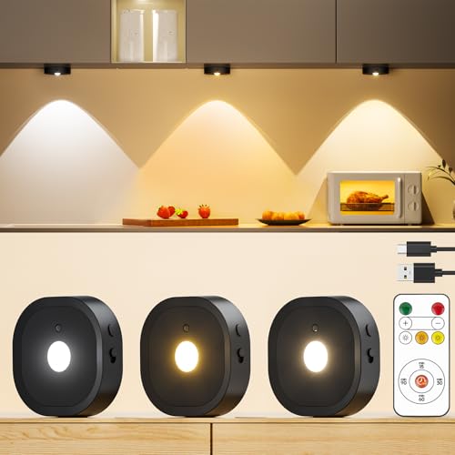 Puck Lights with Remote, Rechargeable Battery Touch Push lights, 3 Colors Led Under Cabinet Lighting, 1500mAh Wireless Tap light, Stick on Closet Light for Kitchen, Pantry, Shelves (Black 3 Pack)