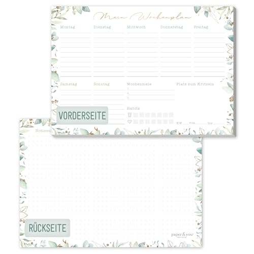 paper&you® A5 Wochenplaner Block [Blattgold] 50 Seiten inkl. Notizblock auf der Rückseite - klimafreundlich und nachhaltig
