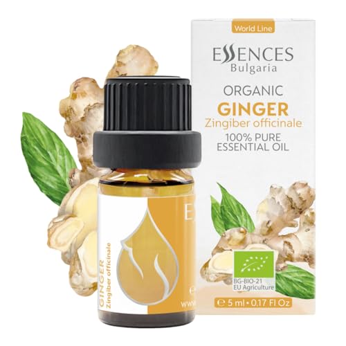 Essences Bulgaria Aceite Esencial de Jengibre Orgánico 5ml | Zingiber officinale | 100% Puro y Natural | Sin diluir | Grado Terapéutico | Aromaterapia | Cosméticos | Libre de crueldad | Sin OGM
