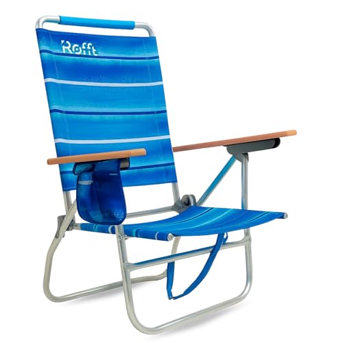 ROFFT Beach Chair, 7-Position Reclining, Heavy Duty, Folding with Backpack Straps, Cup Holders and Back Cooler Storage, High from Ground, High Back for Seniors