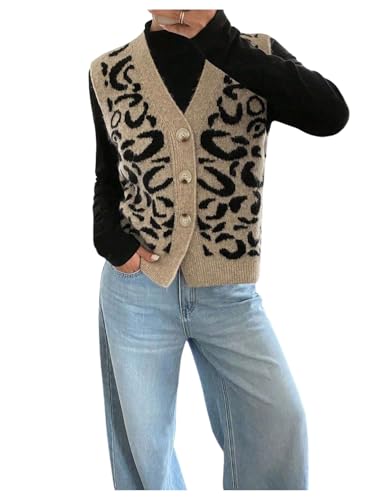 SHENHE Women's Leopard Print Button Front Sweater Vest V Neck Knit Sleeveless Cardigan Vest Multicolor Medium
