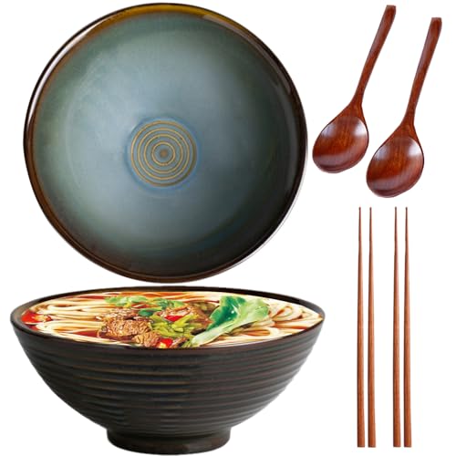 Sightday Ramen Set of 2, Ceramic Noodle Bowls with Spoons and Chopsticks, Vintage Green
