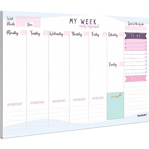 PACKLIST Weekly Planner Pad A4 - Stylish Undated Weekly Organiser, 52 Pages for Home, Study, Work & Family Plans - Beautiful Timetable Planner & Notes to Stay Organised & to Boost your Productivity