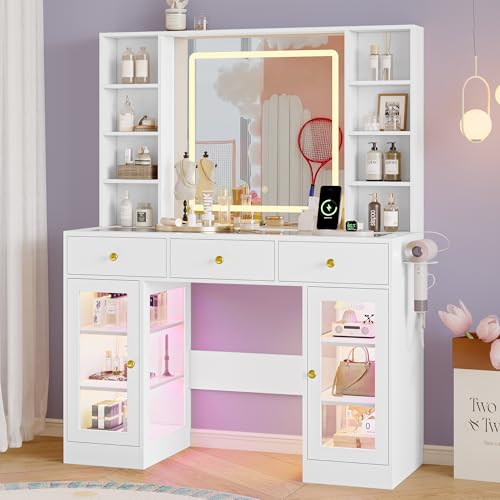 Image of Makeup Vanity Desk with Mirror and Lights, 43 inch White Vanity with Glass Top, Jewelry Storage, 3 Drawers & Glass Cabinets, Power Outlet & Adjustable LED Lights, Dressing Table for Women & Girls Bedroom