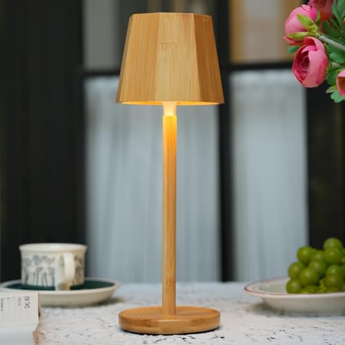 LuminexDesigns Lámpara LED de Mesa Inalámbrica – Recargable, Touch Dimmerable, Estilo Escandinavo Bohémien en Bambú, Impermeable, Luz Ambiental Portátil para Mesita de Noche, Dormitorio, Sala y Patio
