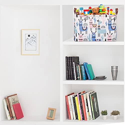 Image of Llama Storage Bin Basket Collapsible with Leather Handles Waterproof Canvas Storage Cube Box for Closet Toys Clothes Nursery Room Gift Basket
