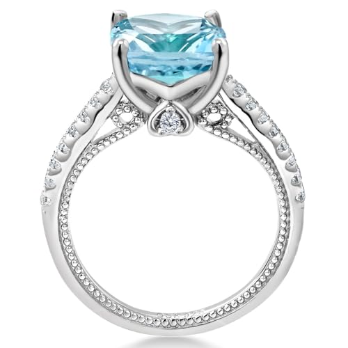 Gem Stone King 4.52 Cttw Sky Blue Topaz and White Created Sapphire Engagement Ring For Women | 925 Sterling Silver | Cushion 10MM | Gemstone Birthstone | Available In Size 5, 6, 7, 8, 94
