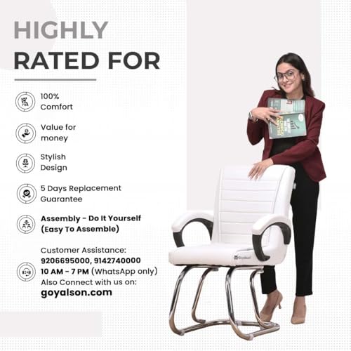 Image of RATISON Special Director Principal Manager Office Visitor with arm Rest with Double Pipe Frame and Cushioned seat Back (4, White, Double Pipe Frame)