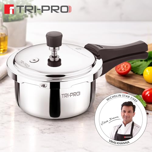 Image of Tripro Triply Stainless Steel Outer Lid Pressure Cooker, 2 Litres Pressure Cooker, Even Heat Distribution, Bakelite Sturdy Handle, Healthy Cooking, Easy to Clean - Induction and Gas Stove Ready