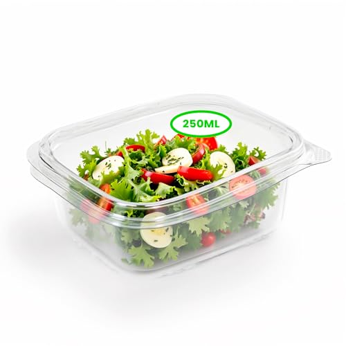 Mundo Home Tupper Plástico Desechable para Comida PET - Envases Desechables para Alimentos - Tarrinas de Plástico con Tapa ideal para llevar Comida - Apto para Nevera y Microondas (250ml 50Uds)