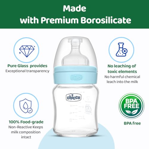 Image of Chicco Wellbeing Glass Feeding Bottles 120ml (Blue) I Premium Borosilicate I Proven Anti-Colic System I 100% Silicone I Food Grade I BPA Free I New Born I Slow Flow | 0+ Months