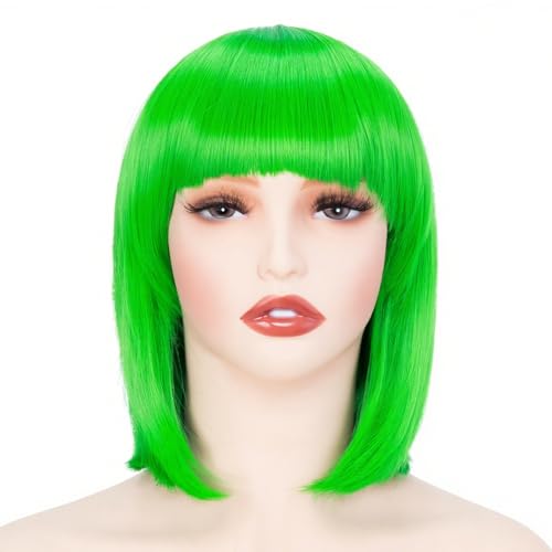 Image of Rose bud Grass Green Wig Bob Straight 12 Inch Short Hair Cosplay Wigs for Women Costume Party Halloween