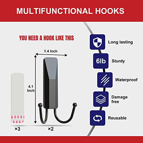 Richer House Black Double Wall Hooks For Hanging, 2 Pack Removable Adhesive Wall Hooks With 3 Strips, Organize Damage-Free Sticky Hooks, Plastic Utility Hooks Heavy Duty For Coat, Towel, Hat, Key #TOP1