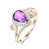 ♡Materal：18K Oro Rosa Daesar Anillo de Boda Oro Rosa 18 Kilates Mujer Gota de Agua Pera Amatista Púrpura Blanca 1.33ct Talla 23,5