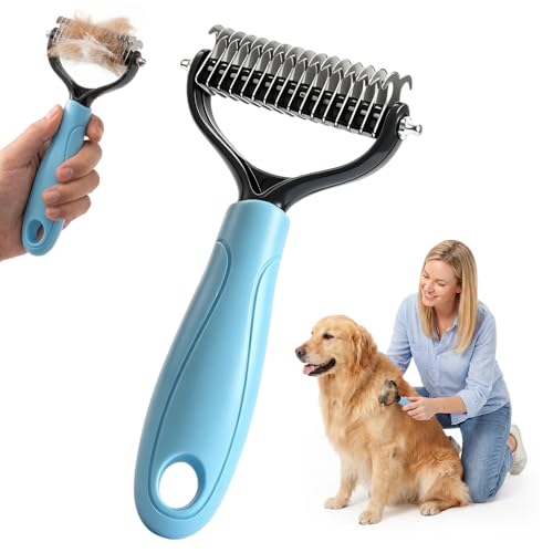 Double Sided Dematting Comb for Cats &amp; Dogs, Professional Grooming Brush, Undercoat Rake with Ergonomic Grip, Safe Deshedding Tool for Long Thick Hair, Tangle Remover for Pets (Blue-L)