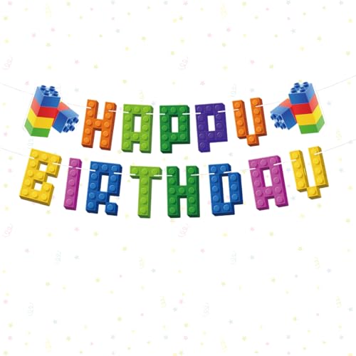 Ovanda Bauklotz Geburtstag Deko, Baustein Party Dekoration Baustein Geburtstags Banner Baustein Partyzubehör, Bunte Bausteins Partydeko Kinder für Mädchen Jungen Geburtstag Party Dekoration Supplies