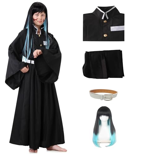 Muichirou Cosplay Costume Halloween Kimono Uniform Full Set Adult Dress up Outfits Costume with Wig (Black Set, Kids 150)
