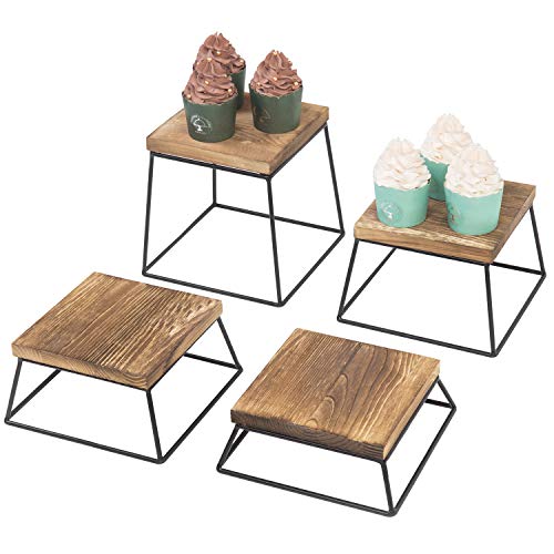 MyGift Burnt Wood & Black Metal Wire Square Retail Food Display Risers/Pizza Stands