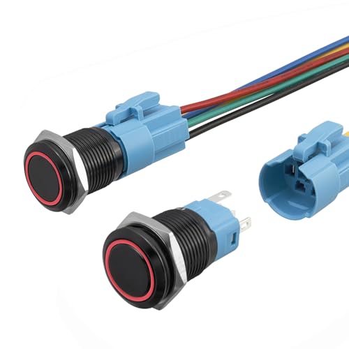 Bestgle 16mm Momentary LED Push Button Switch, IP65 Waterproof 1NO 1NC 5 Pin ON OFF Switch Start Button with Wired Socket Plug for 5/8 Mounting Hole (Red LED Ring)