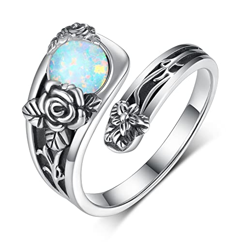 Feijiesi Rose Spoon Rings Sterling Silver Opal Adjustable Vintage Thumb Rings for Women