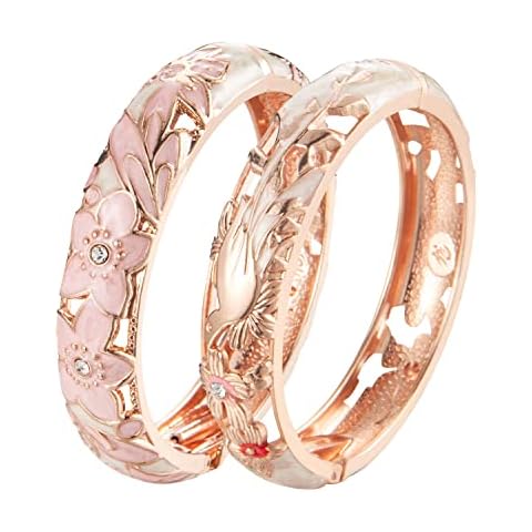 UJOY Handcraft Cloisonne Jewelry Bracelet Colorful Enamel Butterfly Flower Bird Hollowed Spring Hinged Cuff Bangles Women Gifts Pack in Box 88A11-88A31 Cream Pink Cover