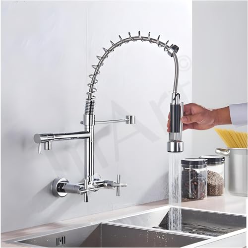 Image of InArt Elite Luxury with Wall-Mounted Kitchen Sink Tap - 360 Pull-Down Sprayer, Multi-Function Spray Head, Single Lever, Chrome Finish, and Hot & Cold Functionality Kitchen Sink Faucet