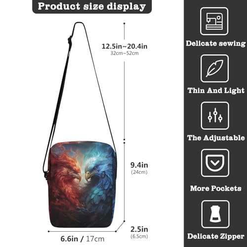 Crossbody Bag Blue Ice Fire Flame Bald Eagle Fight Messenger Bag for Women Men Purse Shoulder Bag Satchel Bag with Adjustable Strap 214A56543