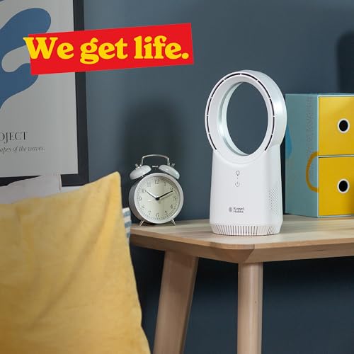 Russell Hobbs, Compact Wireless Desk Fan, USB Rechargeable, 3 Speed Settings, Bladeless Design, Ambient Lighting in White, RHBLDLUSB25