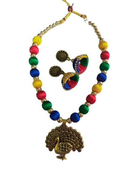 Avani Collection Multicolour Necklace Silk Thread Jwellary Earrings Jewellery Set for Women