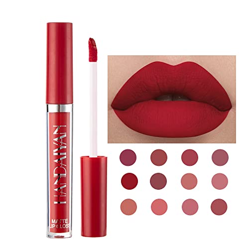 HANDAIYAN Long Lasting Matte Liquid Lipstick Colorful Lipstick Set Waterproof Sweatproof Super Long Lasting Velvet Rich Delicate Nude Red Lipstick Gift Box Set 12#