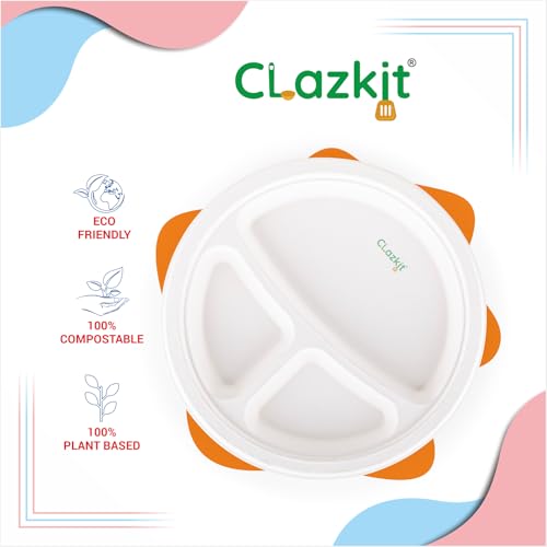 Image of Clazkit 10 Inch 50 Pack, 3-Compartment Disposable Bagasse Plates | Eco-Friendly, Biodegradable, Sugarcane Paper Plates | for Serving Dinner | Birthday, Wedding & Party | Round