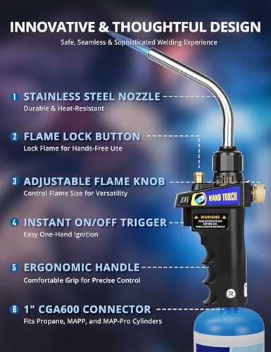 Lamsen Propane Torch Head with Propane Gas Fuel - 16 oz Durable Steel Cylinder, MAPP MAP Gas Torch, Clean Burning Fuel Set for Outdoor Cooking & Welding, 1 Pack Fuel