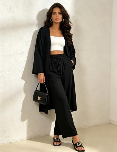 Joyfunear Summer Cute Flowy Cardigan Pants Set Dressy Matching 2 Piece Outfit For Women Black Small - Image 2