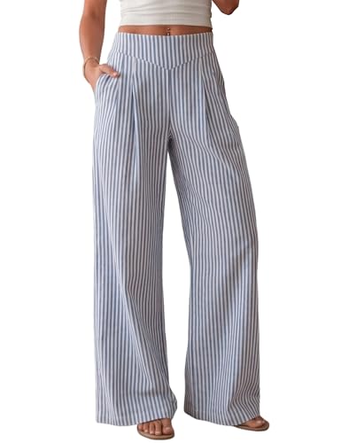 AKEWEI Linen Pants Women Petite Wide Leg Linen Pants Beach Vacation Clothes Travel Lounge Bottoms with Pockets Striped Navy Blue M - image 1