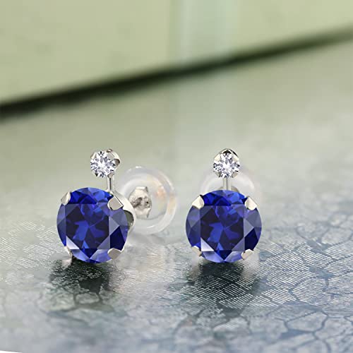 Gem Stone King 2.08 Ct Blue Created Sapphire White Created Sapphire 14K White Gold Earrings3