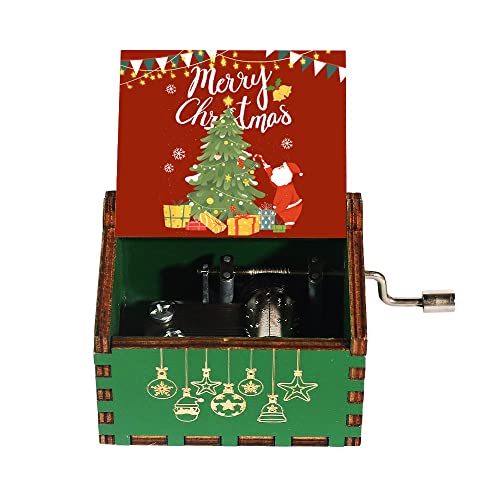 PeaMirmy Feliz Navidad Merry Christmas Caja de música de Madera con manivela grabada Caja de música para niños, niñas, Hombres y Mujeres Regalo Ideal para Navidad y Año Nuevo (XC) Cover