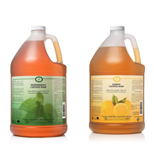 Peppermint and Lemon Castile Soap Liquid Bundle - 1 Gallon - Carolina Castile Soap - Vegan & Pure Organic Concentrated Non Drying All Natural Formula Body Wash & Shampoo