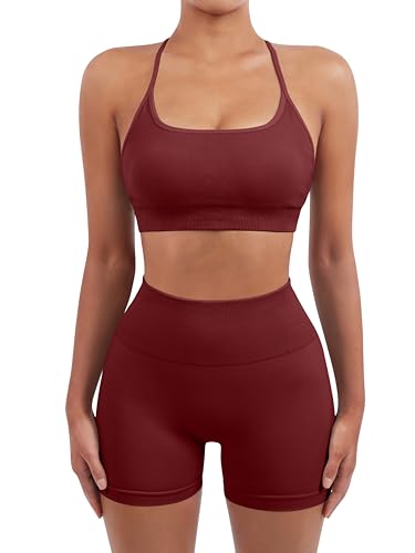 Image of SUUKSESS Women Seamless Workout Sets Strappy Sports Bra High Waist Booty Shorts Outfits
